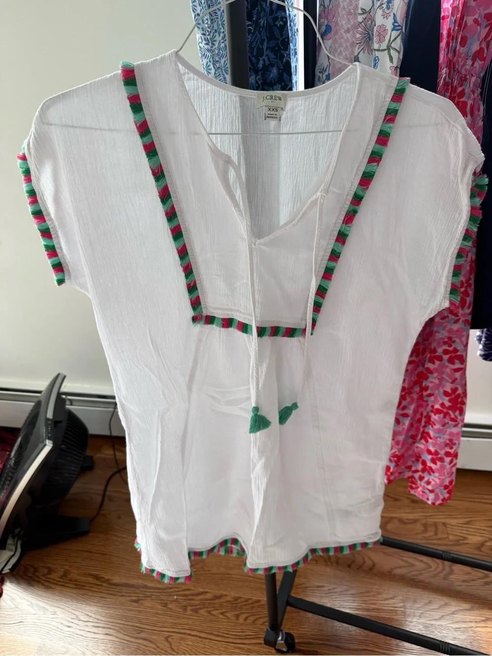 J. Crew White Cotton Tassel Peasant Top with Pink and Green Trim